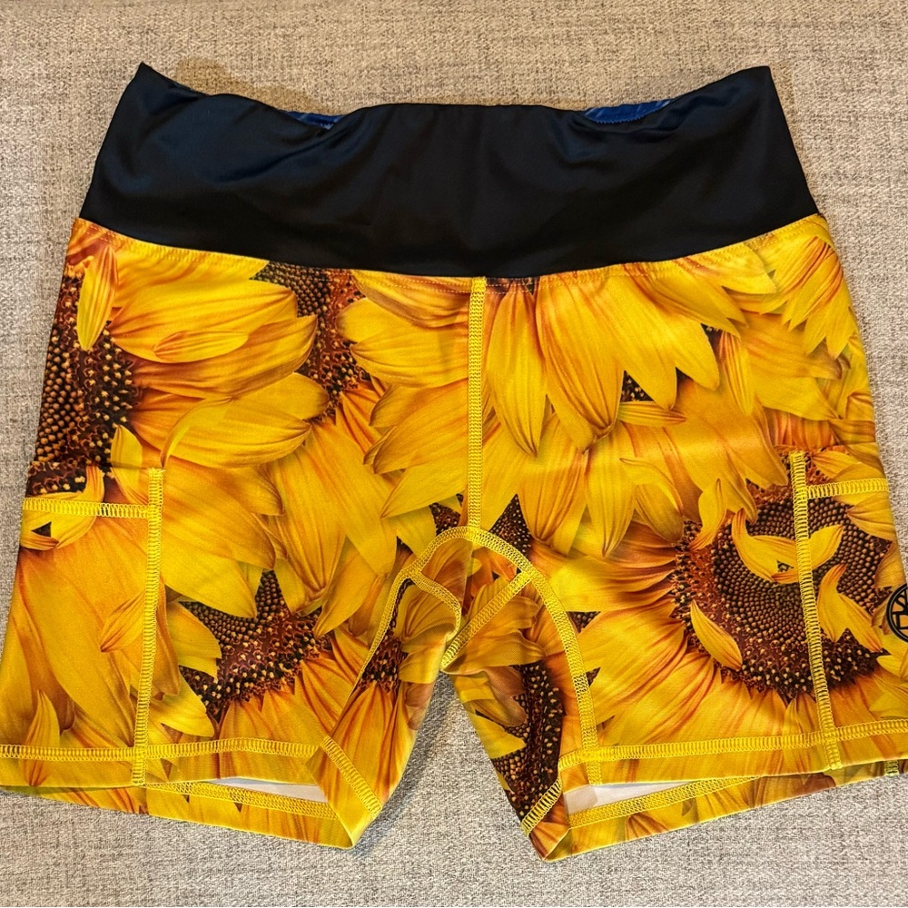 InkNBurn, Sunflower Print Athletic Shorts with Black Waistband